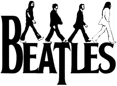 Les silhouettes des quatre membres du groupe marchant sur le logo des Beatles