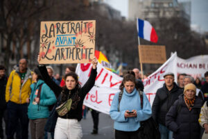 Manifestation contre la réforme des retraites en février 2023 à Paris.Photographer: Benjamin Girette/Bloomberg via Getty Images