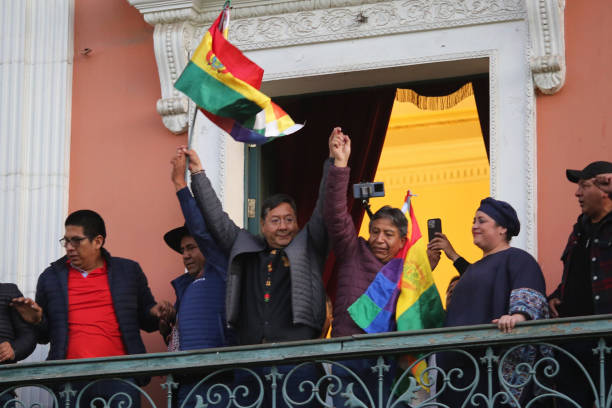 Le président bolivien Luis Arce sur le Palais Quemado après une conférence de presse le 26 juin 2024 à la Paz. (Photo by Gaston Brito Miserocchi/Getty Images)