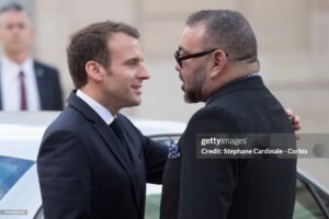 Emmanuel Macron recevait le Roi Mohammed VI du Maroc, le 10 avril 2018, à Paris.(Photo by Stephane Cardinale - Corbis/Corbis via Getty Images)