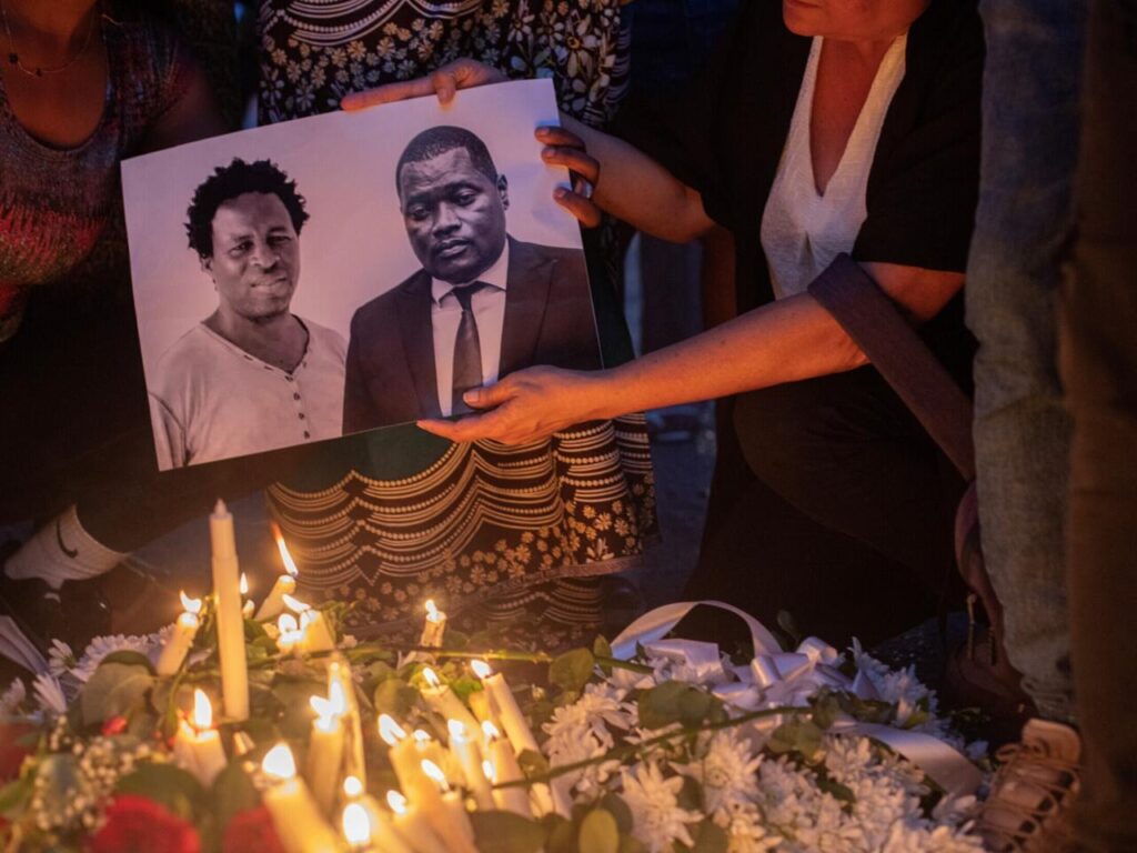 Mozambique : Paulo Guambe (left) and advisor and lawyer Elvino Dias (right) during a vigil the day after their assassination in Maputo on October 19, 2024